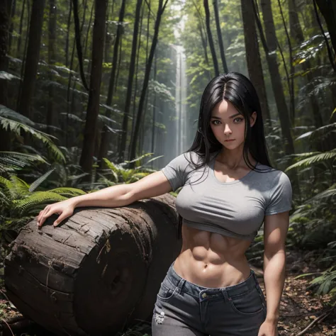 There is a young girl with a cute face and straight black hair and big blue eyes in a sunny forest, a thoughtful attentive expre...