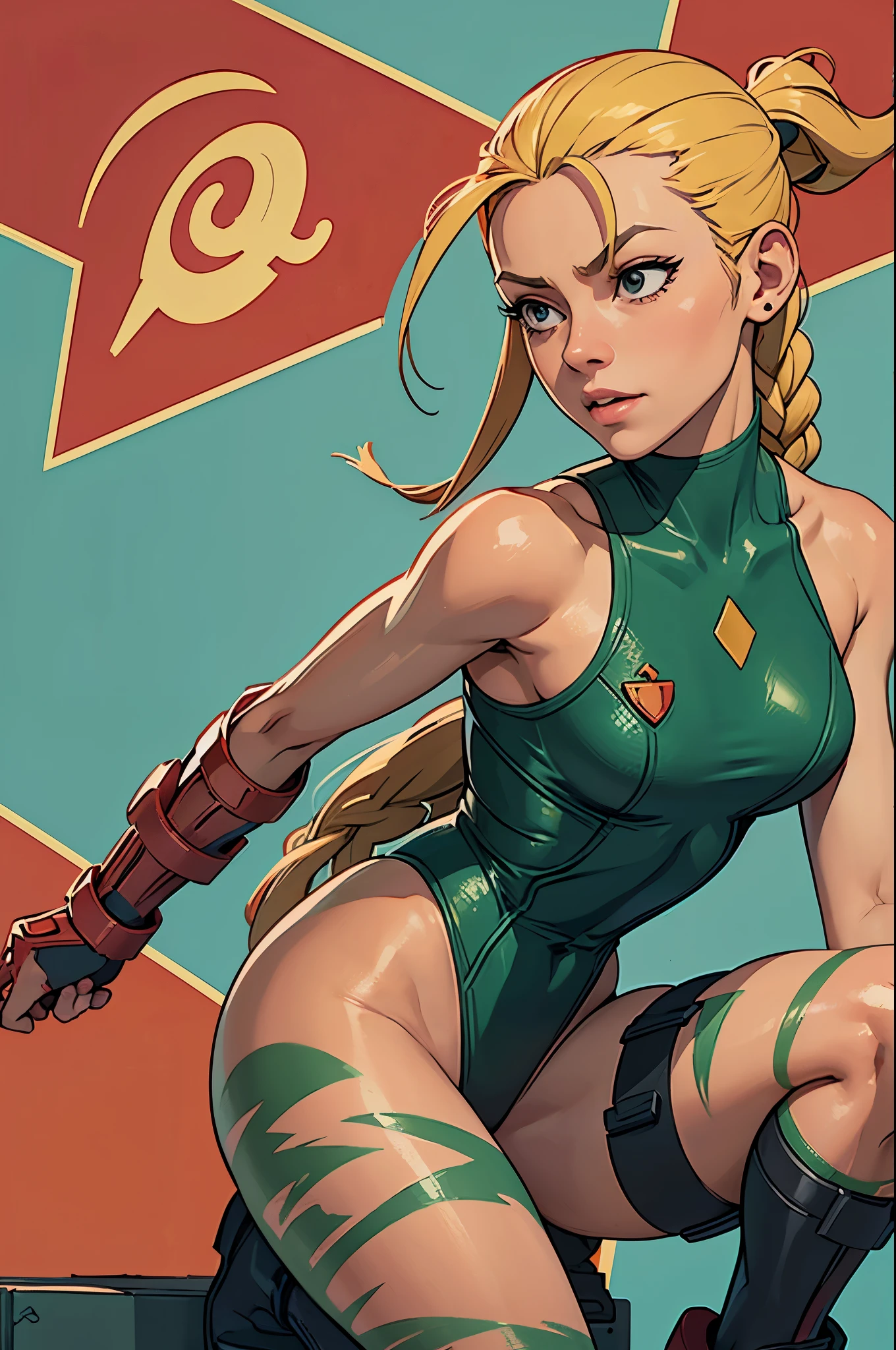 Masterpiece, 4k, highly detailed, Cammy de Street fighter, Looking to the camera, blue eyes, platinum blonde hair combed into long pigtails with a small blade of bangs over her forehead, Titis is quite, Cammy, ((a scar on his left cheek)), Beautiful woman dressed as a military man ((Green thong class leotard and the Delta Red triangle insignia on her left chest)), ((military tactical stolera)), (((On his head he wears a red military beret))), Black combat boots and red gauntlets, (his legs are sparsely decorated with green camouflage paint), Clear half-body image, smiling at the viewer, Extreme amount of details, (Make every pixel count to draw the most beautifully detailed art you can:1.1), analog style, bright colors, symmetrical, centered, close up, female, athletic, fit, narrow waist, high, tanned skin, [(colorful explosion psychedelic paint colors:1.1)::0.125], realist body proportions, realist, photo-realist, 8k, highly detailed, Led light, laser lights,fruit flavored, (thepit bimbo:0.5), glossy,anatomically correct, symmetricalal anatomy