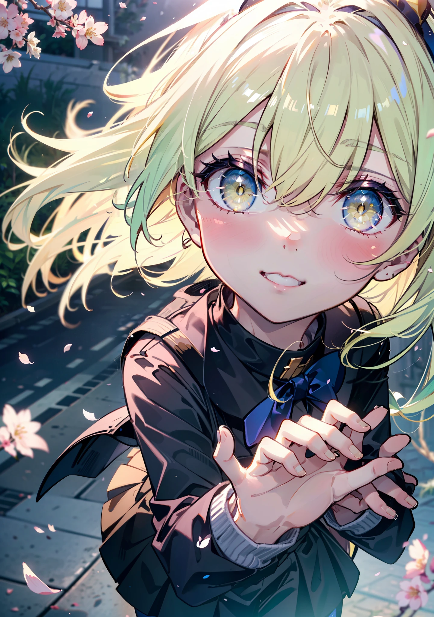 アイスWallenstein, Wallenstein, Blonde, Hair between the eyes, hair band, Long Hair, (Yellow Eyes:1.5),happy smile, smile, Open your mouth,smile,blush,Black Sailor Suit,Black pleated skirt,Black Pantyhose,Brown Loafers,morning,morning陽,The sun is rising,Cherry blossoms are blooming,Cherry blossoms are scattered,Cherry blossom tree-lined path,break looking at viewer, break outdoors,School　School building, break (masterpiece:1.2), highest quality, High resolution, unity 8k wallpaper, (shape:0.8), (Beautiful and beautiful eyes:1.6), Highly detailed face, Perfect lighting, Highly detailed CG, (Perfect hands, Perfect Anatomy),