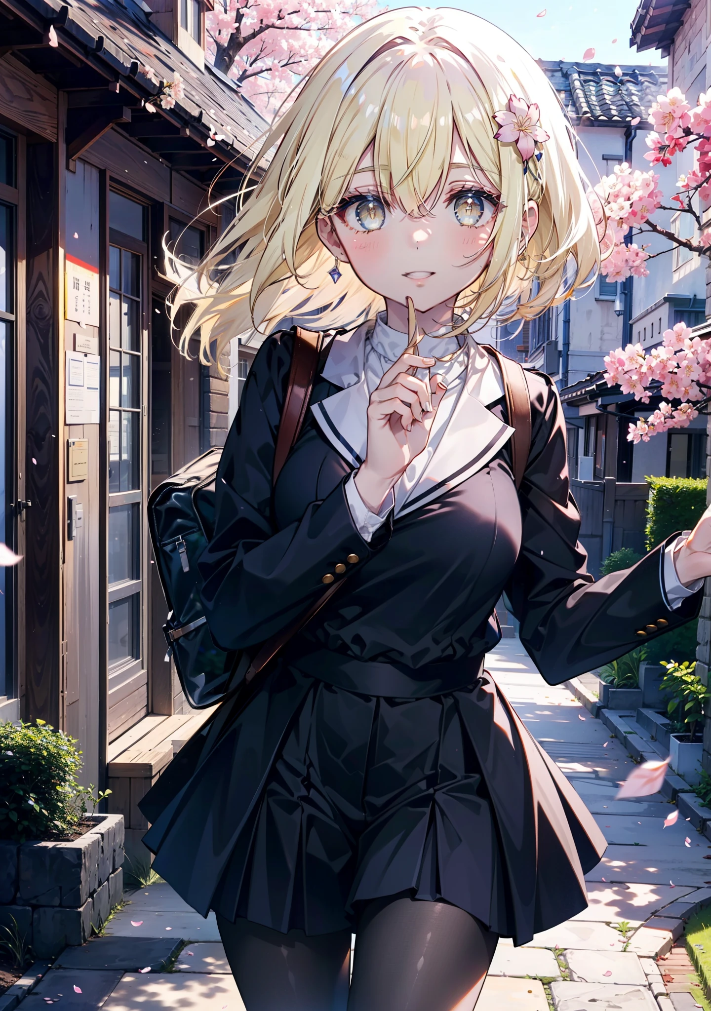 アイスWallenstein, Wallenstein, Blonde, Hair between the eyes, hair band, Long Hair, (Yellow Eyes:1.5),happy smile, smile, Open your mouth,smile,blush,Black Sailor Suit,Black pleated skirt,Black Pantyhose,Brown Loafers,morning,morning陽,The sun is rising,Cherry blossoms are blooming,Cherry blossoms are scattered,Cherry blossom tree-lined path,break looking at viewer, break outdoors,School　School building, break (masterpiece:1.2), highest quality, High resolution, unity 8k wallpaper, (shape:0.8), (Beautiful and beautiful eyes:1.6), Highly detailed face, Perfect lighting, Highly detailed CG, (Perfect hands, Perfect Anatomy),