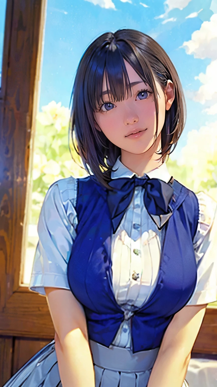 (masterpiece:1.2, highest quality), (Realistic, photoRealistic:1.4), Beautiful illustrations, (Natural Side Lighting, Cinema Lighting), Written boundary depth, Looking at the audience, (Face Focus, Upper Body), Front view, 1 girl, Japanese, high school girl, 15 years old, Perfect Face, Symmetrical cute face, Shiny skin, (bob hair:1.7,Black Hair), Asymmetrical bangs, Big eyes, Droopy eyes, long eyelashes chest), thin, Beautiful Hair, Beautiful Face, Beautiful and beautiful eyes, Beautiful clavicle, Beautiful body, Beautiful breasts, Beautiful thighs, Beautiful legs, Beautiful fingers, ((High-quality fabric, Brown knitted vest, Short sleeve white collar shirt, Navy Pleated Skirt, Navy bow tie)), (Beautiful views), evening, (Inside the flower shop), Are standing, (smile, Superior, Open your mouth), (From below:1.5),(Poor visibility:1.5)