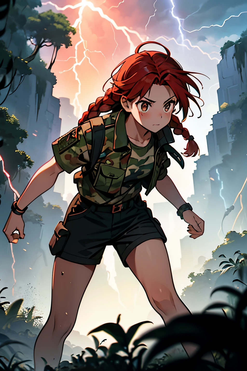 Fille aux cheveux roux tressés, yeux marrons, chemise camouflage, Shorts noirs, ecchymoses sur son corps, sang et dommages sur son corps, prête à se battre, rayons électriques flottant autour de son corps, arrière-plan de ruines de montagne de jungle. sang. ((Puissance de foudre 9.0))
