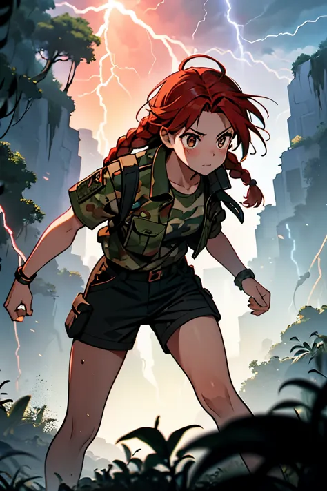 Girl with braided red hair, brown eyes, camouflage shirt, black shorts, bruises on her body, blood and damage on her body, prepa...
