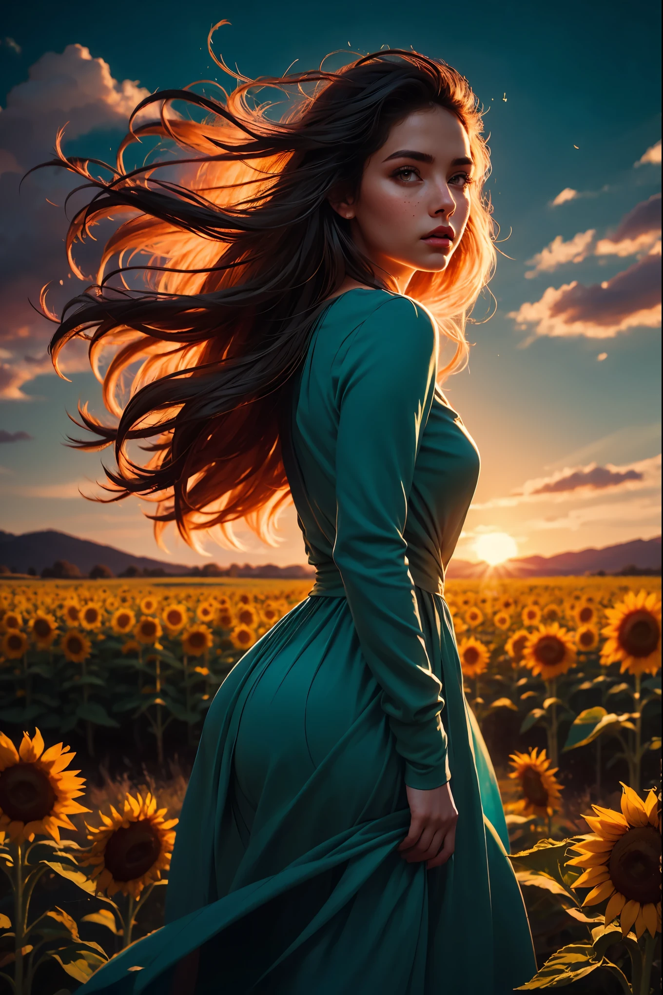 A girl in a long dress being lifted by the wind, straight long straight hair, soft moss, sunflower field, dark atmosphere, deep blue tone, brush painting style, sketch, vibrant colors, soft lighting, (masterpiece, best quality:1.2)