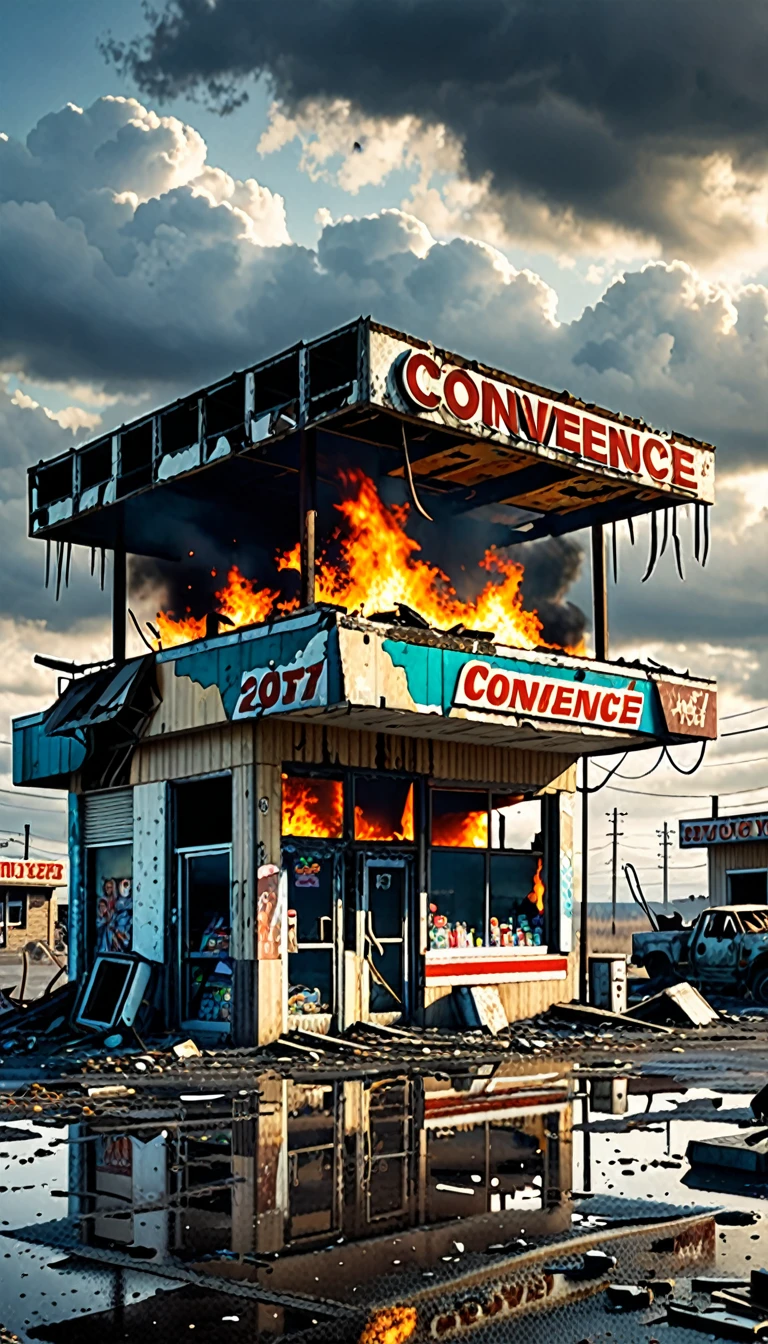 Photo of a torn down abandoned convenience store in a post apocalyptic 2077, post apocalypse, post apocalyptic, cloudy skies, things are burning