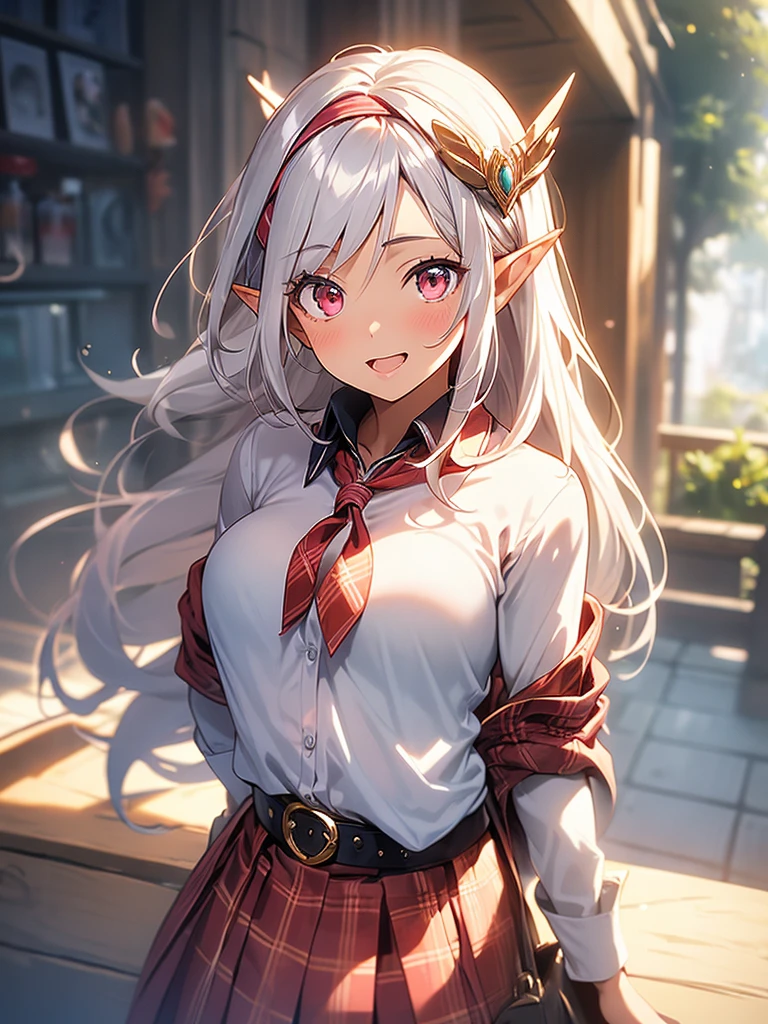 An elf woman, dark tanned skin, beautiful silver hair, headband, pointed ears, beautiful red eyes, pink lips, high school girl, dark blue blazer, plaid skirt, staring at the viewer. A shy face, a smile, an open mouth, a depiction of only the upper body, looking up at the viewer,