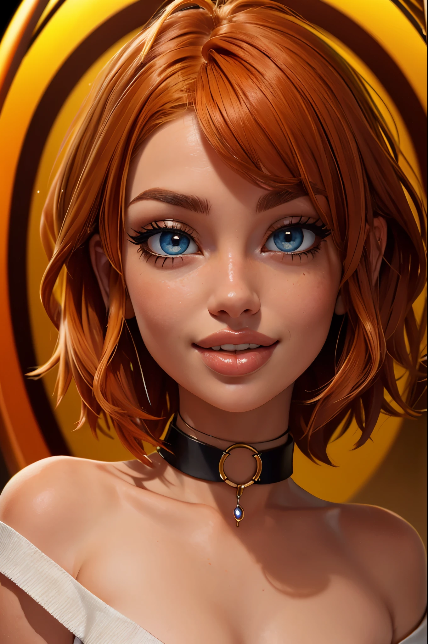 1girl, big clear eyes, eye contact, (small breasts:1.2), red choker, wide view, parted lips, pulpy lips, bright orange hair, showing off skirt, short messy hair, bangs, highly detailed, soft tones, extreme detail, no background, (detailed textures:1.1),  dramatic light, happy smile, high Depth Of Field, slight fisheye lens