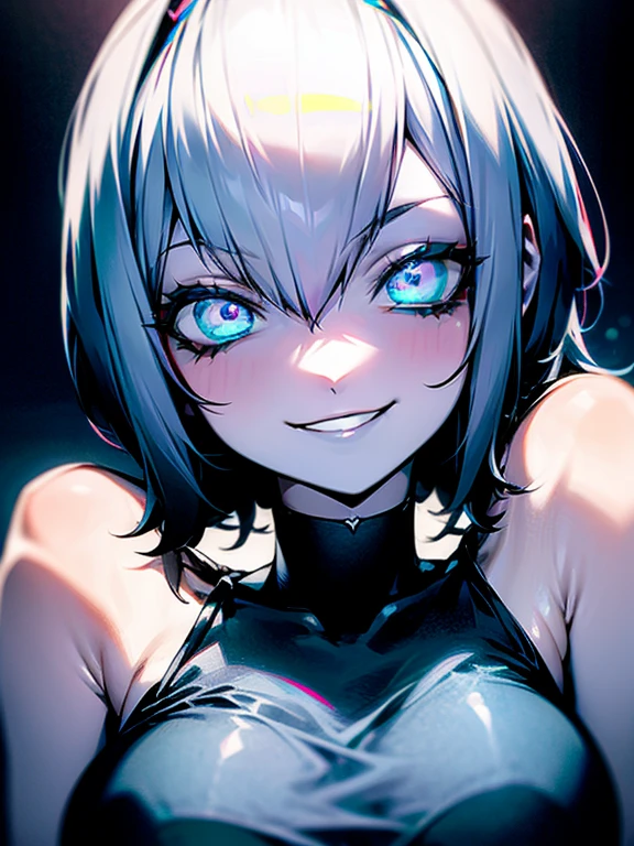 Perverted man possessing Mavis, Mavis being possessed, perverted smile, neckline, bright light blue eyes