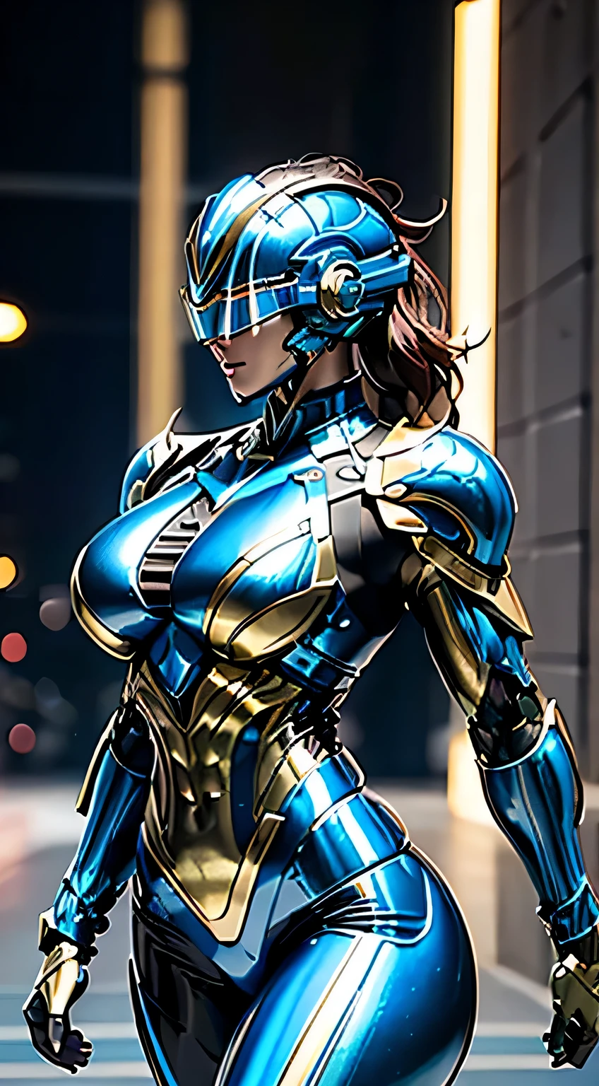 Female Robocop Solo、Bright outdoors、strong light source、8K, high quality, masterpiece, 最high quality、very detailed、Armor that completely covers the whole body、very large armor、Helmet covering the head、clear pictures、The eyes are hidden by thin, straight goggles:1.3、The lower half of the face is raw:1.5、Face exposed from nose down:5.0、Luscious lips、Fluorescent blue metallic armor with thin gold lines、Armor that completely covers the chest、Long, slender legs、Vibrant posel body view,Big and ample breasts:1.5, (Sports Body:1.5)、Five Fingers、Photos in the city