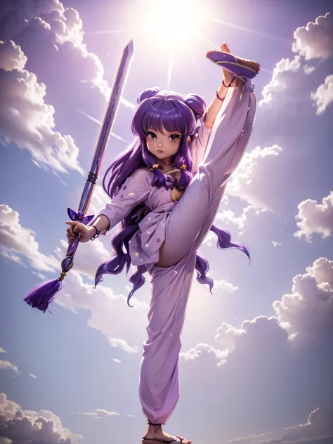 Garota anime guerreira de cabelo purple com kimono e espartilho, Pink Pants, 16 anos, corpo bonito, seios grandes, segurando uma...
