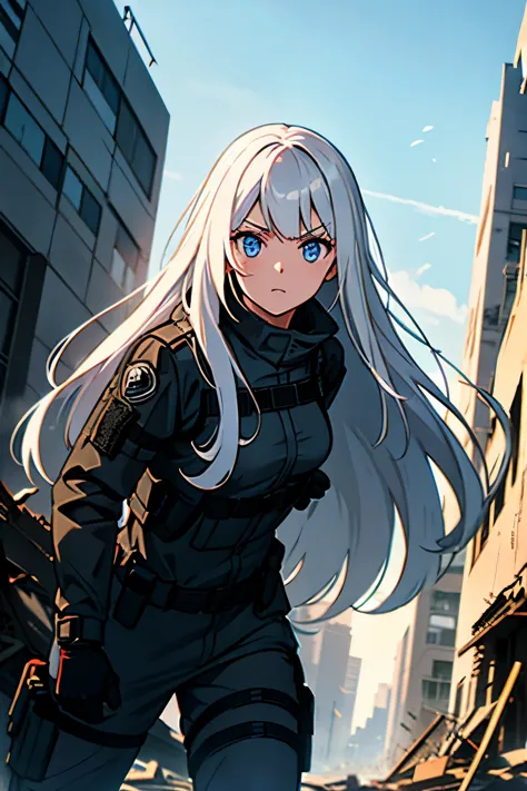 Girl with long white hair whit black bangs, blue eyes, in black tactical clothing. In a city in ruins. About to enter combat.
