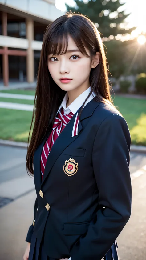 (beautiful and detailed skin,perfect anatomy),at dusk,sunset sky,school building,schoolyard,14 years old,cute,single eyelid,long...