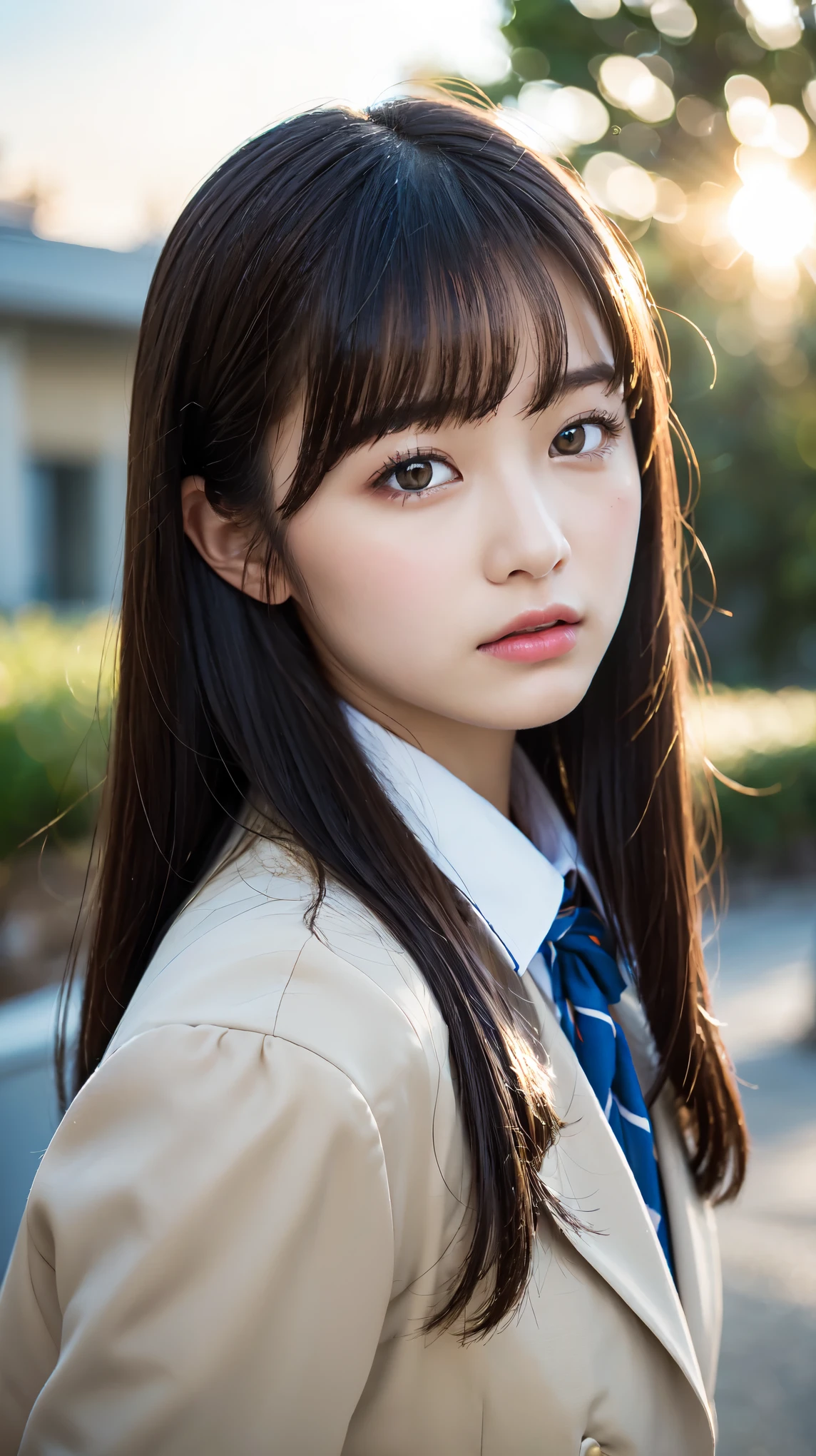 (Beautiful and detailed skin,Perfect Anatomy),At dusk,Sunset sky,School building,Schoolyard,14 years old,cute,single eyelid,Long black hair,School Blazer Uniform,Bust up shot, Beautiful detailed girl, very detailed eyes and face, Beautiful and beautiful eyes, ((Japanese Girls, High School Uniform)), Official Art，Highly detailed CG Unity 8k wallpaper, (masterpiece:1.0),(highest quality:1.0), photo shoot, 8k, Browsing Caution, High resolution, Kodak Portrait 400, Film Grain, Lens flare brilliance,View your viewers