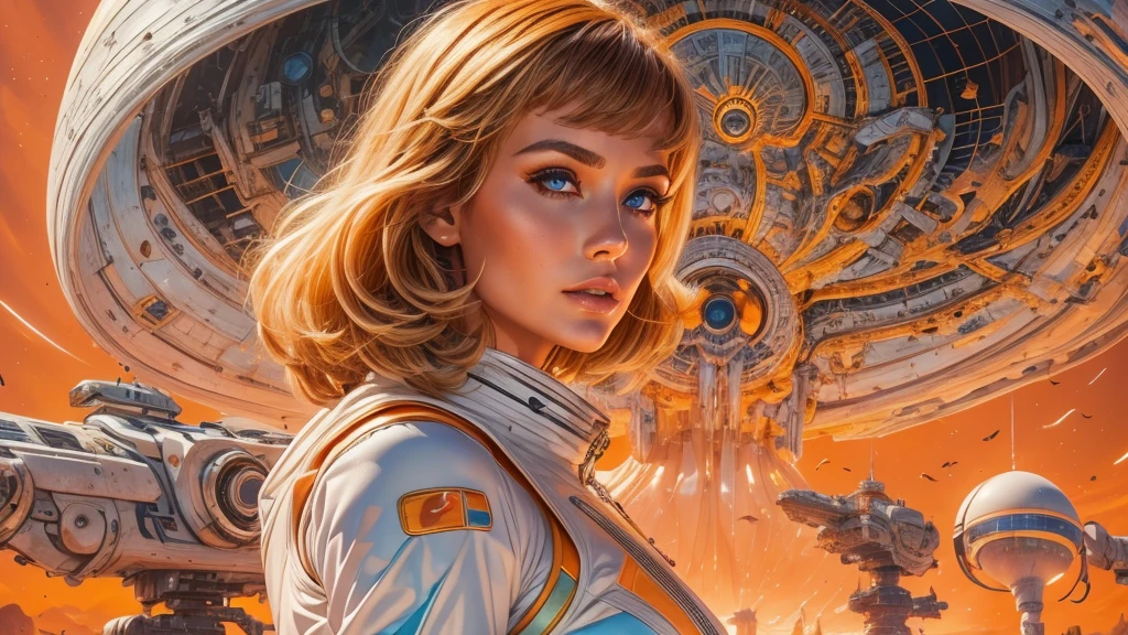 image arafée d&#39;une femme blanche dans un costume futuriste avec un vaisseau spatial en arrière-plan, art du cinéma, devant un fond orange, inspiré par Robert McGinnis, protagoniste féminine, mégastructure en arrière-plan, portrait d&#39;un astronaute IA, astronautes, un astronaute, portrait d&#39;un squelette d&#39;astronaute, fille androïde parfaite, yeux détaillés, dents parfaitement détaillées, Frank Franzzeta et Sakimichan  