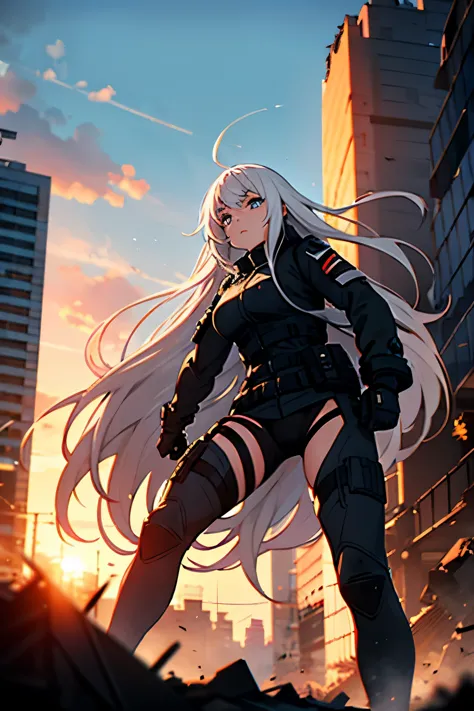 Evil girl with long white hair whit black streak, blue eyes, in black tactical clothing. In a city in ruins. About to enter comb...