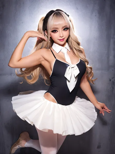 a gyaru woman, dark skin, looking at viewer, big tits, blonde, smoky eyes, big smile, asian, eyeliner, , tie, mascara, Classical...