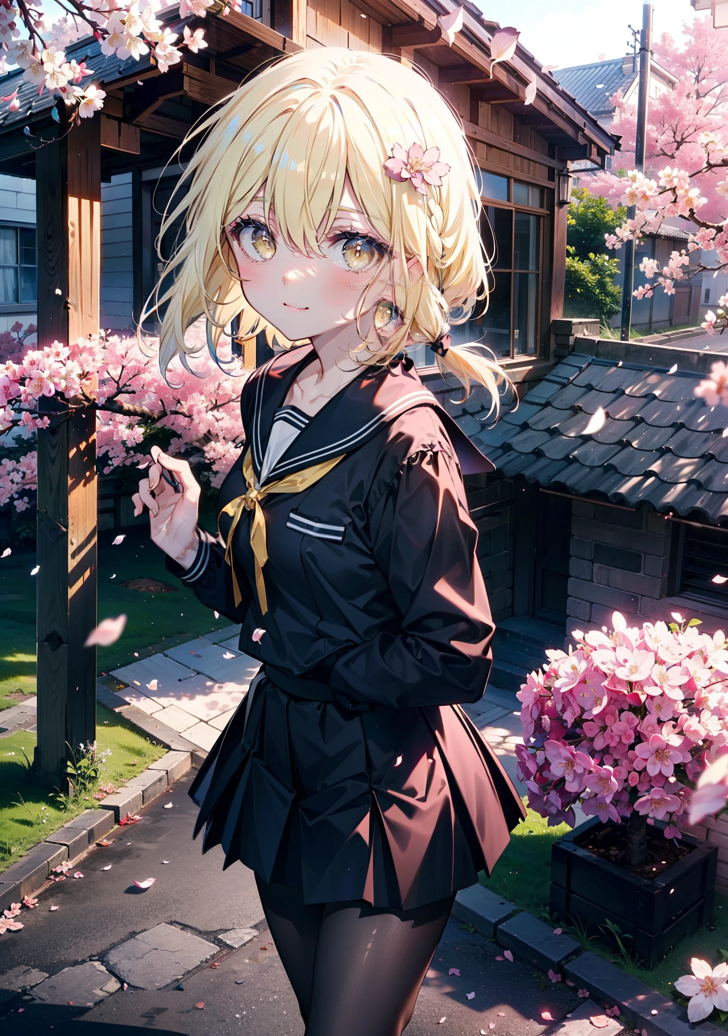 アイスWallenstein, Wallenstein, Blonde, Hair between the eyes, hair band, Long Hair, (Yellow Eyes:1.5),happy smile, smile, Close your mouth,smile,blush,Black Sailor Suit,Black pleated skirt,Black Pantyhose,Brown Loafers,morning,morning陽,The sun is rising,Cherry blossoms are blooming,Cherry blossoms are scattered,Cherry blossom tree-lined path,break looking at viewer, break outdoors,School　School building, break (masterpiece:1.2), highest quality, High resolution, unity 8k wallpaper, (shape:0.8), (Beautiful and beautiful eyes:1.6), Highly detailed face, Perfect lighting, Highly detailed CG, (Perfect hands, Perfect Anatomy),