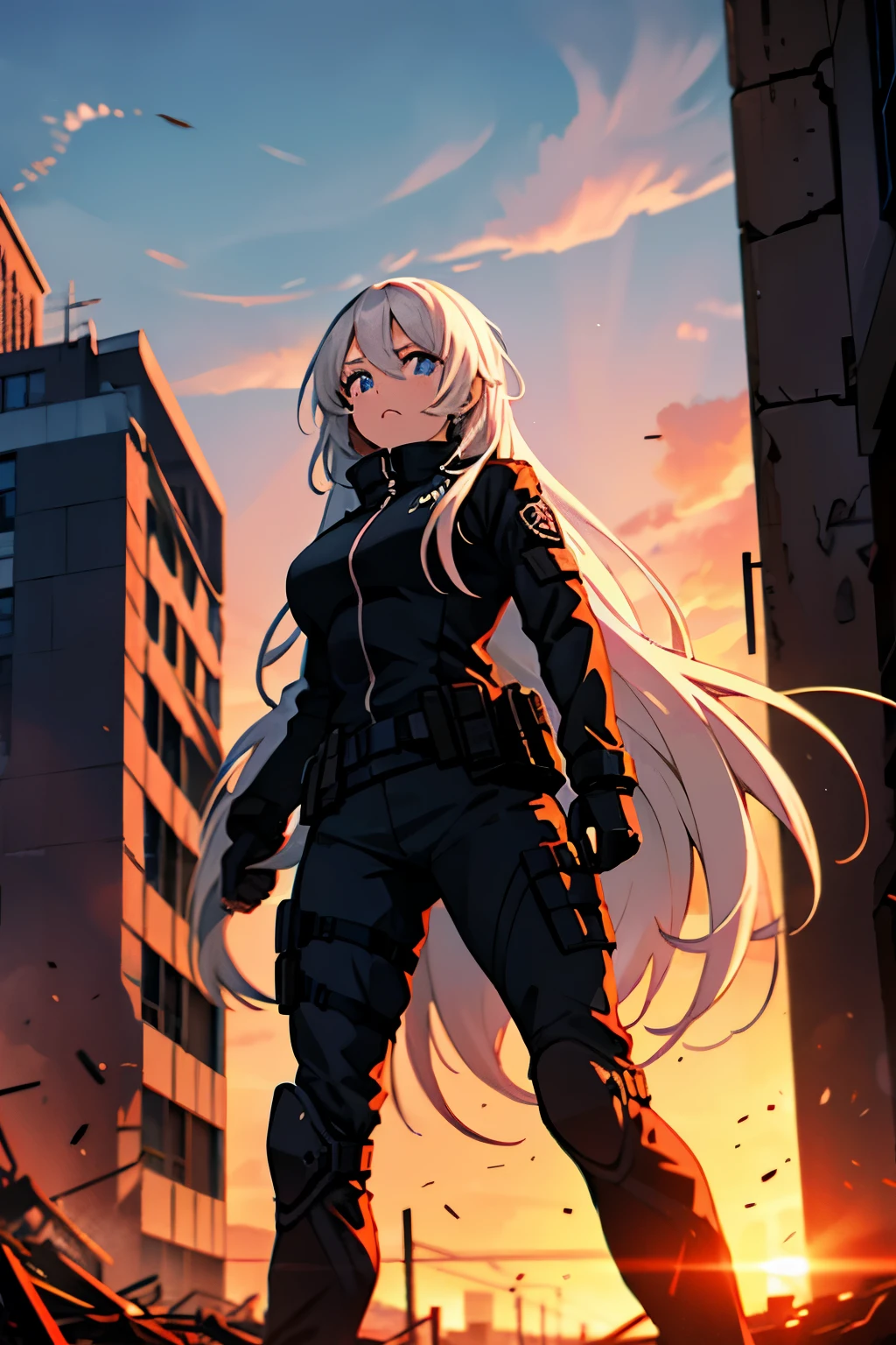 Evil girl with long white hair whit black streak, blue eyes, in black tactical clothing. In a city in ruins. About to enter combat. Sky sunset
