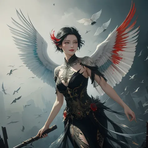 Colorful beautiful sirin: Black ink flow: 8k resolution photorealistic masterpiece: by Aaron Horkey and Jeremy Mann: intricately...