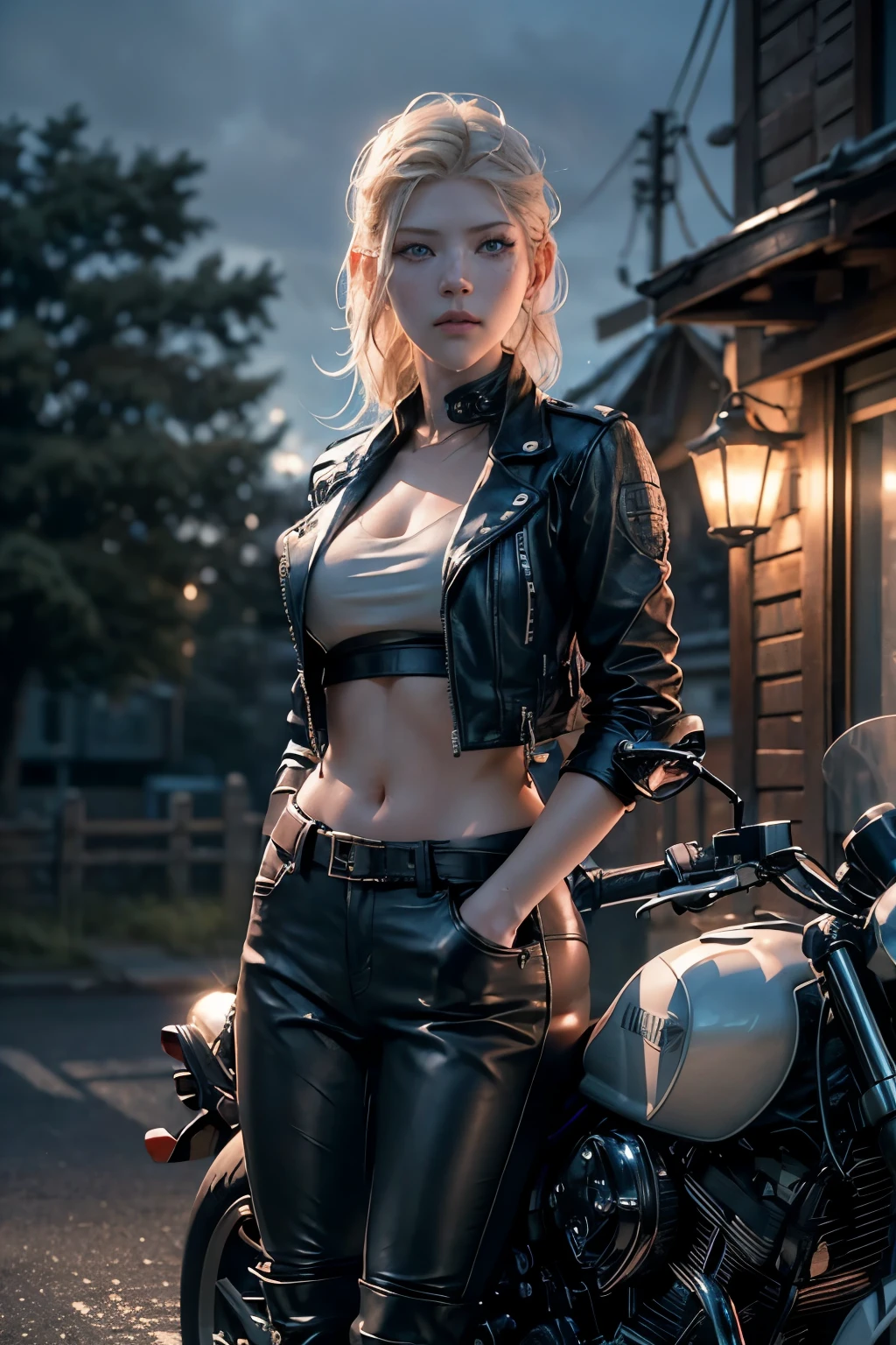 ((Katheryn Winnick)) pale skin , blonde short hair, vibrant blue eyes, soft and delicate lips, Leather jacket, white sports bra, black cargo pants leather brownb boots, oregon country town lightning by night with motorsport black biker stand in road , Neon lights country pub and lamp posts, dinamic poses, modelshoot, High detail RAW colored art, (detailed skin, skin texture), (muscle), intricate details, fine details, hyperdetailed, ray tracing, subsurface scattering, diffuse soft lighting, red and blue spotlight  Intricate, High Detail, Sharp focus, dramatic and photorealistic painting motorclub jacket, best quality, masterpiece, only 1girl, halfbody portrait,  leather jacket, leather clothes, night road