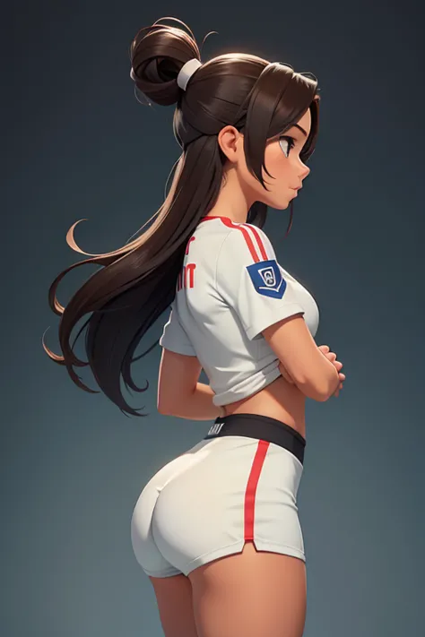 Side view of a beautiful female soccer player with slim waist., big booty, Usando solo una tanga, Fondo blanco, sin antecedentes