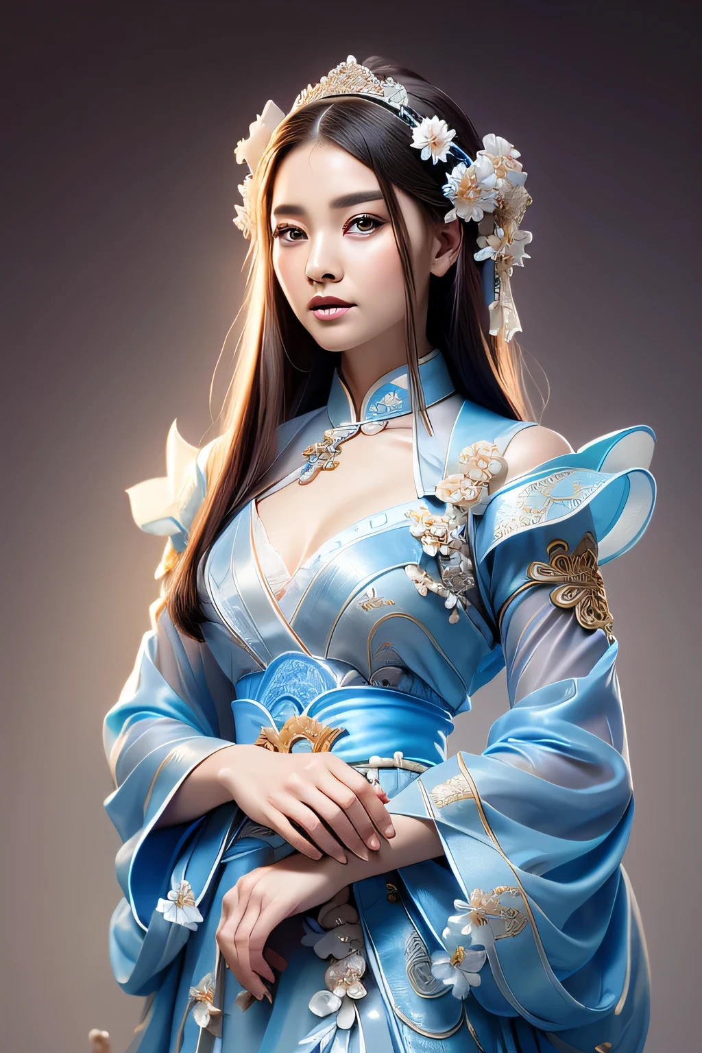 Wearing a blue and white dress、Woman with flowers on her head, Hanfu, Magnificent Palace, Girl wearing Hanfu, blue hanfu, White Hanfu, Dressed in ancient Chinese costumes, ((Beautiful fantasy queen)), ancient Chinese Princess, Chinese, Chinese traditional clothing, Chinese Clothing, Beautiful fantasy queen, Chinese Princess, Traditional Beauty,Top quality、masterpiece、