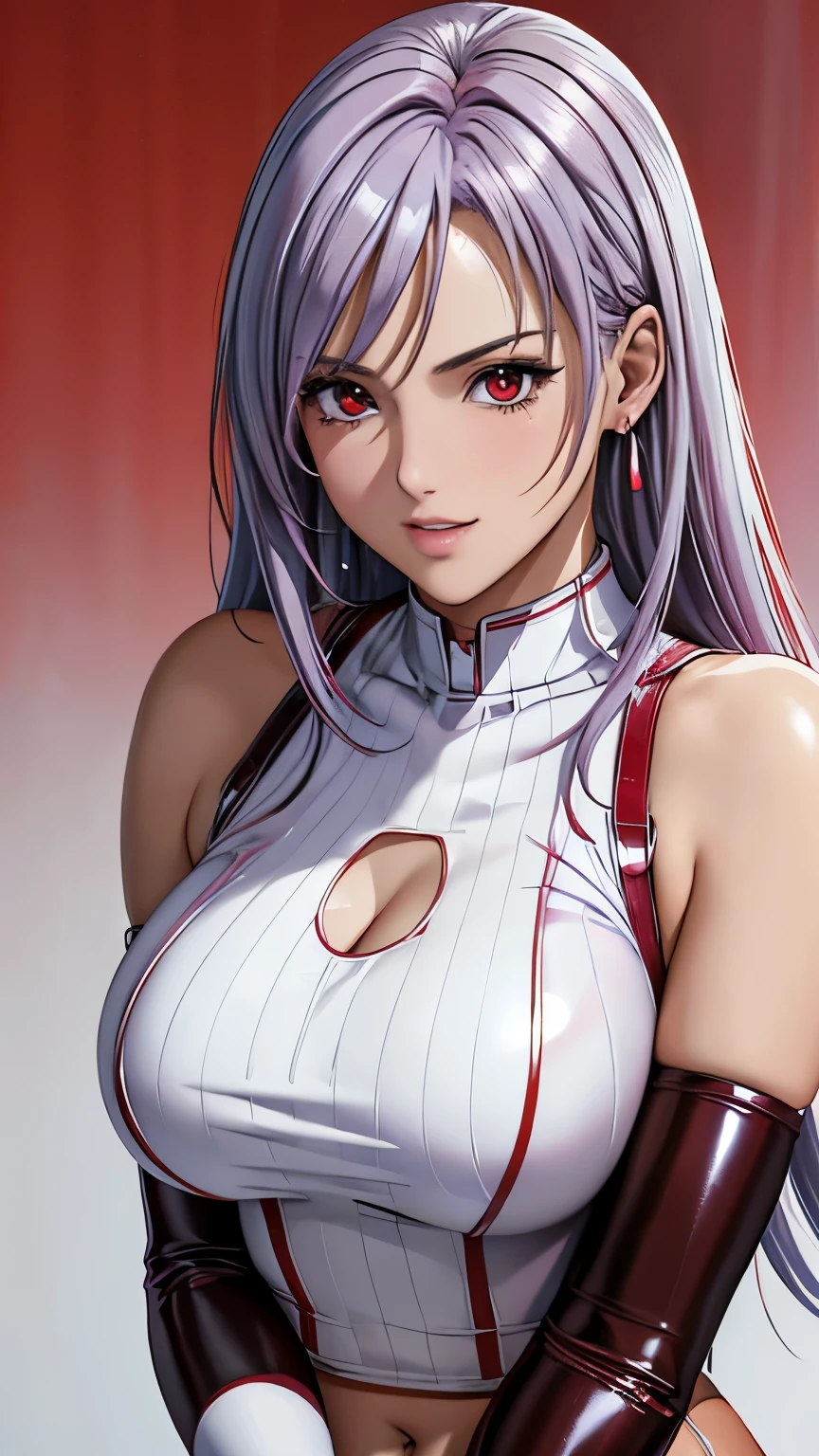 red eyes, (highest quality, masterpiece painting:1.3), immature woman, 16 years old, (half body shot), masterpiece, ultra high resolution, (Photoreal:1.0), ((light purple hair)),straight hair, beautiful shining hair, white and shining skin, ((Ultra realistic details)), octane rendering, highly detailed face, (big breasts:0.8), bare shoulder,  light red pvc outfit, (light red pvc serafuku:1.3), (light red pvc pleated skirt), light red pvc elbow gloves, light red pvc thigh boots, (garter straps:1.2), Fabric Glows,  open neckline, cleavage, perfect body, soft skin, silver earrings, (pure white background:1.4), sharp focus, intricate details, professional artwork, (bright colors:1.1), bright colors, diffused lighting, digital blending, ultra-definition body, ultra detail hair, super detailed face, that&#39;It&#39;s trending on pixiv, top button open, Cute gaze, compensate, perfect lips, perfect compensate, Ultra-precision coating, (light_smile:0.8), (smugness:1.2),blush your nose,