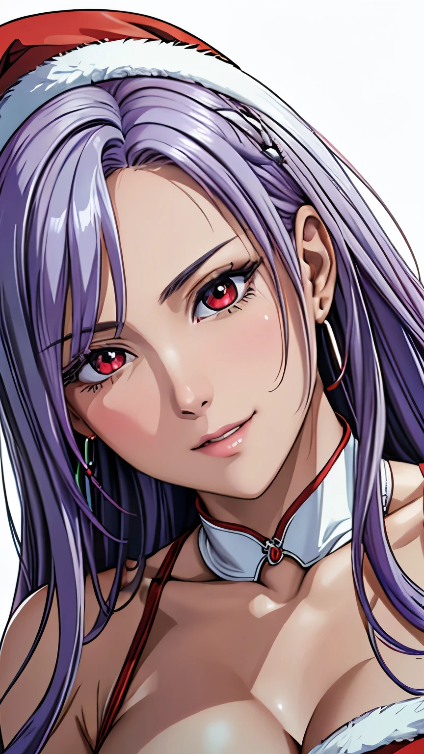 red eyes, (highest quality, masterpiece painting:1.3), immature woman, 16 years old, (half body shot), masterpiece, ultra high resolution, (Photoreal:1.0), ((light purple hair)),straight hair, beautiful shining hair, white and shining skin, ((Ultra realistic details)), octane rendering, highly detailed face, (big breasts:0.8), Santa hat, Santa tube costume, red dress,  open neckline, cleavage, perfect body, soft skin, silver earrings, (pure white background:1.4), sharp focus, intricate details, professional artwork, (bright colors:1.1), bright colors, diffused lighting, digital blending, ultra-definition body, ultra detail hair, super detailed face, that&#39;It&#39;s trending on pixiv, top button open, Cute gaze, compensate, perfect lips, perfect compensate, Ultra-precision coating, (light_smile:0.8), (smugness:1.2),blush your nose,