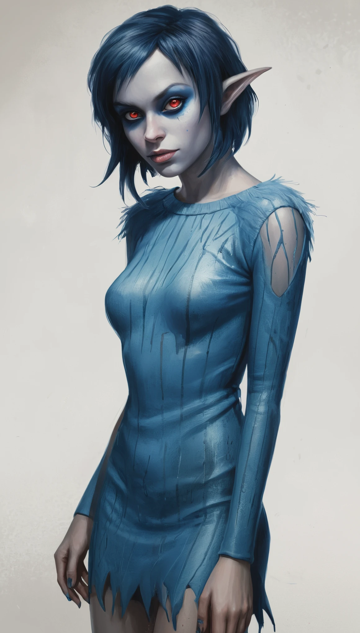 An illustrated movie poster, hand-drawn, full color, a young drow woman, drow elf, wearing a rib-knit mini-dress, blue skin, blue complexion, pointy elf ears, ruby eyes, dark hair, shaggy bob, posing like a model, hard shadows, graphite shading, stencil marks, airbrushed acrylic paint, masterpiece, in the style of Rockstar Games
