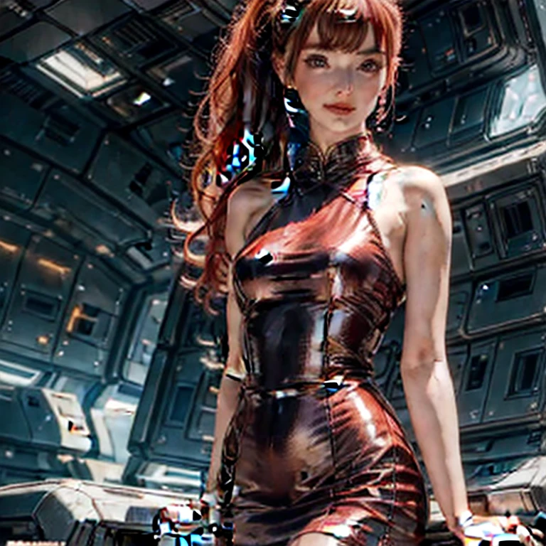 (masterpiece, best quality:1.2), 1girl, solo, vintage miss 21 years old pin-up, legs crossed in pantyhose, beautiful detailed face, makeup, straight red hair, ponytail, small smile, (((printed dress))), setting: in spaceship port. hyperrealism, 4k, Photographed with a Canon EOS R5, 50 mm lens, F/2.8, Full HD,