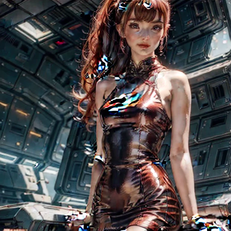 (masterpiece, best quality:1.2), 1girl, solo, vintage miss 21 years old pin-up, legs crossed in pantyhose, beautiful detailed face, makeup, straight red hair, ponytail, small smile, (((printed dress))), setting: in spaceship port. hyperrealism, 4k, Photographed with a Canon EOS R5, 50 mm lens, F/2.8, Full HD,