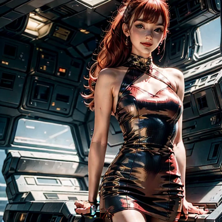 (masterpiece, best quality:1.2), 1girl, solo, vintage miss 2 pin-up, legs crossed in pantyhose, beautiful detailed face, makeup, straight red hair, ponytail, small smile, (((printed dress))), setting: in spaceship port. hyperrealism, 4k, Photographed with a Canon EOS R5, 50 mm lens, F/2.8, Full HD,