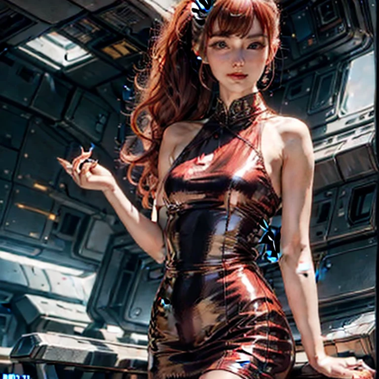 (masterpiece, best quality:1.2), 1girl, solo, vintage miss 2 pin-up, legs crossed in pantyhose, beautiful detailed face, makeup, straight red hair, ponytail, small smile, (((printed dress))), setting: in spaceship port. hyperrealism, 4k, Photographed with a Canon EOS R5, 50 mm lens, F/2.8, Full HD,