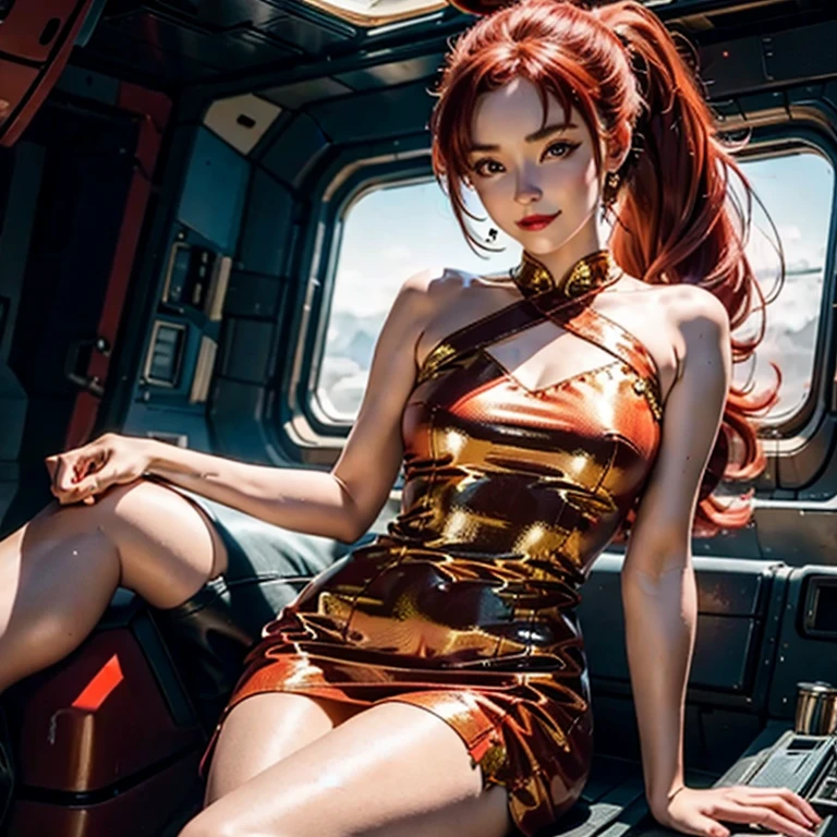 (masterpiece, best quality:1.2), 1girl, solo, vintage miss 21 years old pin-up, legs crossed in pantyhose, beautiful detailed face, makeup, straight red hair, ponytail, small smile, (((printed dress))), setting: in spaceship port. hyperrealism, 4k, Photographed with a Canon EOS R5, 50 mm lens, F/2.8, Full HD,