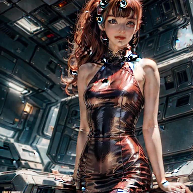 (masterpiece, best quality:1.2), 1girl, solo, vintage miss 21 years old pin-up, legs crossed in pantyhose, beautiful detailed face, makeup, straight red hair, ponytail, small smile, (((printed dress))), setting: in spaceship port. hyperrealism, 4k, Photographed with a Canon EOS R5, 50 mm lens, F/2.8, Full HD,