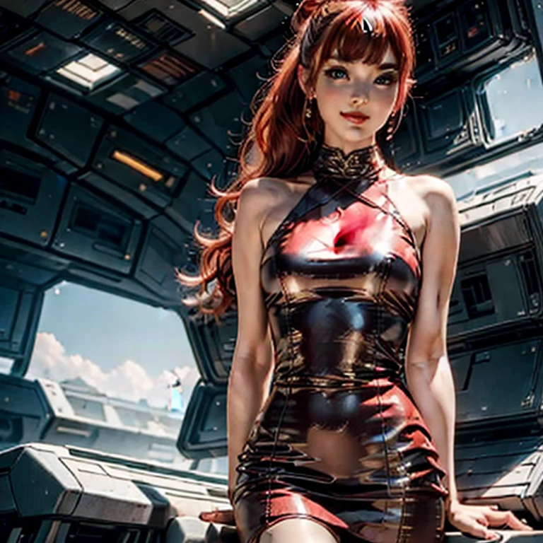 (masterpiece, best quality:1.2), 1girl, solo, vintage miss 21 years old pin-up, legs crossed in pantyhose, beautiful detailed face, makeup, straight red hair, ponytail, small smile, (((printed dress))), setting: in spaceship port. hyperrealism, 4k, Photographed with a Canon EOS R5, 50 mm lens, F/2.8, Full HD,