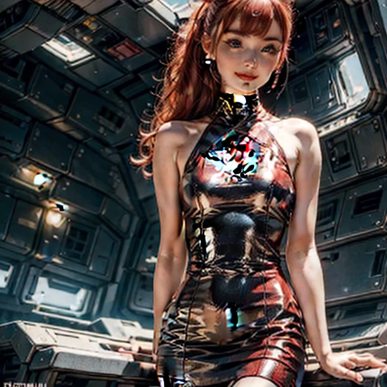 (masterpiece, best quality:1.2), 1girl, solo, vintage miss 2 pin-up, legs crossed in pantyhose, beautiful detailed face, makeup, straight red hair, ponytail, small smile, (((printed dress))), setting: in spaceship port. hyperrealism, 4k, Photographed with a Canon EOS R5, 50 mm lens, F/2.8, Full HD,