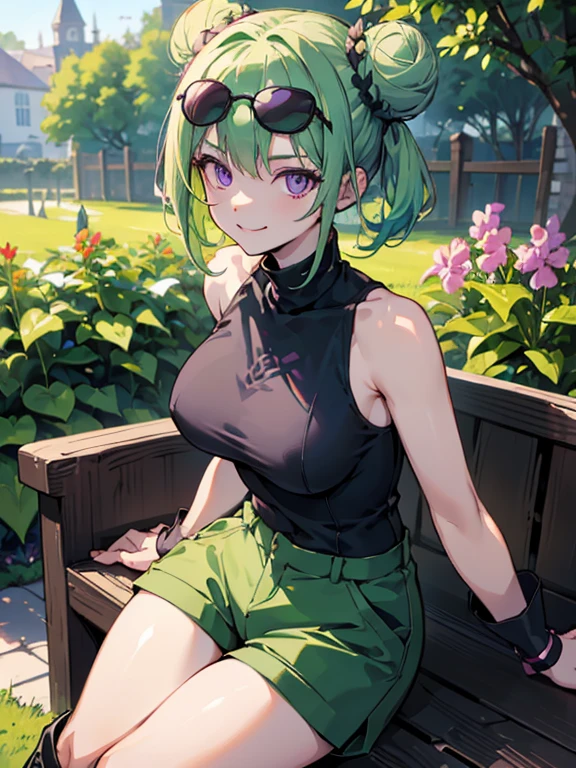 (highres), (best quality), (detailed) 1 girl, alone, medium hair, pastel green hair, twin buns, evil smile, violet eyes, round black sunglasses on head, black sleeveless turtleneck top, green shorts, dark brown boots, day time, garden, detailed clothing