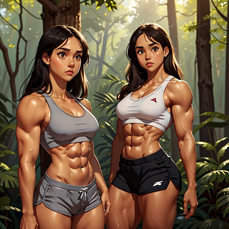 There is a young Jessica Alba with a cute face and straight black hair and big brown eyes in a sunny forest, a thoughtful attentive expression on a cute face, large breasts, athletic physique, shredded abs, heavily muscled legs, extremely vascular, highly visible veins, full-length, dressed in a simple gray sports bra and booty shorts