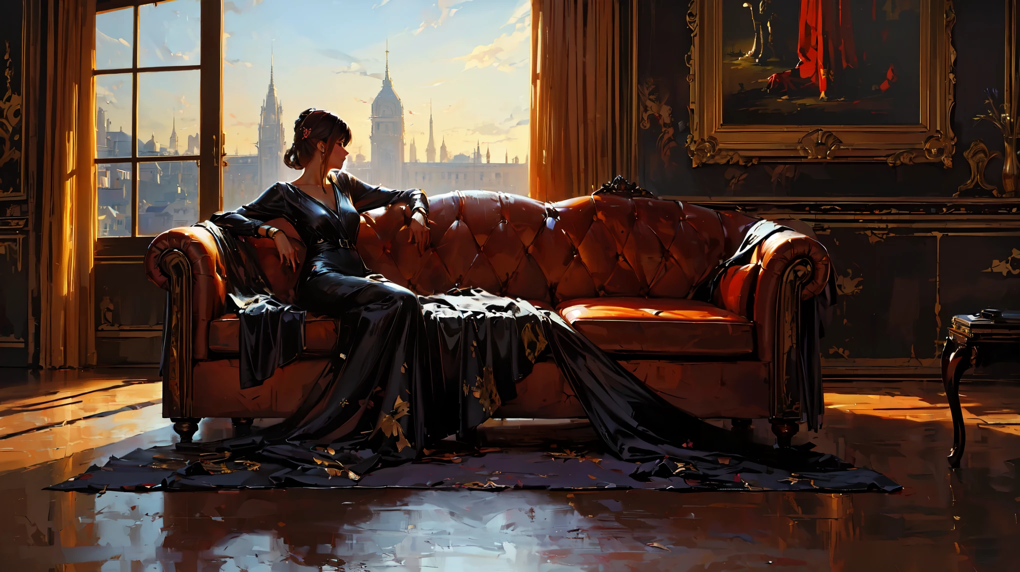 (Detailed close-up portrait!) (Masterpiece 8K.high quality.digital art.Beautiful and aesthetic anime style.Perfect compositions and great perspective.painting) One woman sitting on a large sofa.room in bodoir style . paintings with the city