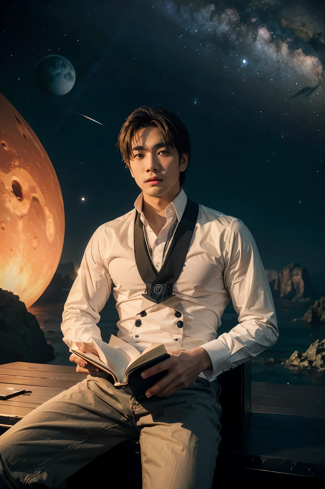 Draw a young programmer, sitting on a research platform floating in the middle of an asteroid belt. He is studying with a notebook, surrounded by several asteroids glowing with fiery auras. Dramatic lighting from distant stars and planets illuminates the scene, casting deep shadows on the suit. The young man looks confident and determined, looking at the vast and mysterious universe with wonder and respect,facial hair, cowboy shot,