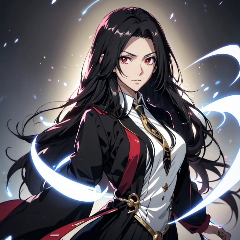 (ultra-detailed, perfect pixel, highrest, best quality), 20 years old Anime girl, smooth anime artstyle, long raven hair, slightly wavy hair, parted bangs, black hair, gradient hair color, Magus, ((red eyes)), detailed eyes, beautiful eyes, long black coat, white shirt, ((neckwear, long tie)), black skirt, aristocrat, noble attire, beautiful, ethereal, elegant, prestigious, indoor, particle effect, smooth smoke effect, fire flame, lightning, magic light, standing, looking at viewer