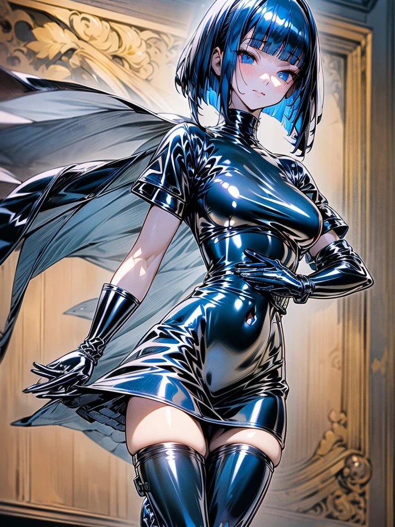 Minimalistic, Baroque Opulence, full body image of a anime girl, solo, dark blue hair, blunt bangs, straight short bob, blue sanpaku eyes, (black latex gloves: 1.5), ultra dynamic angle, ultra dynamic posture, ultra detailed, 8k.