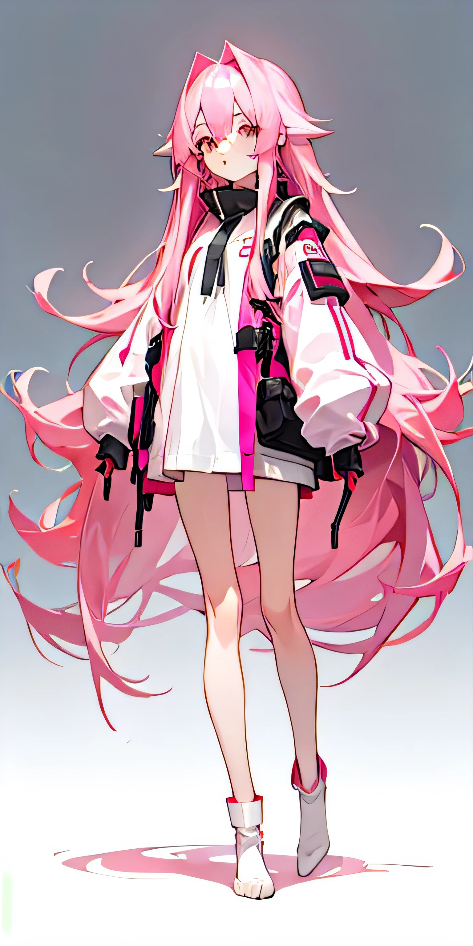 1girl with long pink hair full body shot, looking scared, 