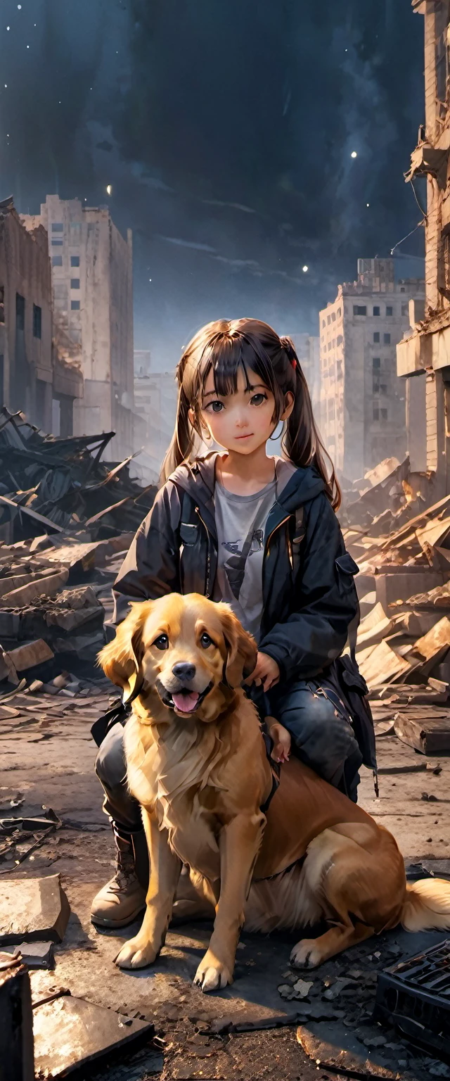#quality(8k,wallpaper of extremely detailed CG unit, ​masterpiece,hight resolution,top-quality,top-quality real texture skin,hyper realisitic,increase the resolution,RAW photos,best qualtiy,highly detailed,the wallpaper,cinematic lighting,ray trace,golden ratio,), BREAK ,solo,(a girl walking happily at post-apocalypse very ruined city with a dog:1.4),#girl(cute,kawaii,small kid,dirty ripped clothes,messy hair,brown hair,brown eyes,big eyes,dirty:1.6,breast,twin tail hair,smile:1.4,from side:1.2,singing songs),#dog(golden retriever:1.4,good boy,walking happily,from side), BREAK ,#background(at the center of the very ruined city,many ruined skyscrapers,dusty),long shot,long view,landscape,(girl:2.0),[nsfw],(from side:1.4),