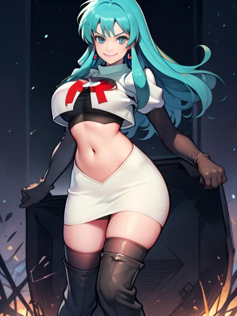 Eirika, Team rocket, team rocket uniform, red letter R, white skirt,white crop top,black thigh-high boots, black elbow gloves, e...