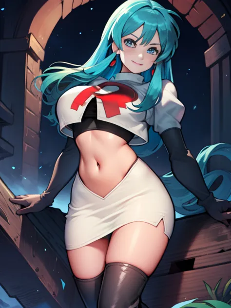 Eirika, Team rocket, team rocket uniform, red letter R, white skirt,white crop top,black thigh-high boots, black elbow gloves, e...