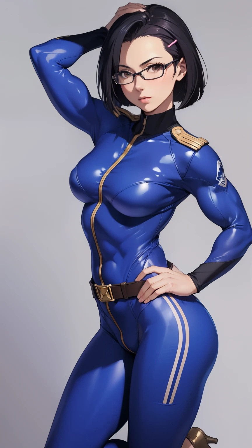 (masterpiece, best quality:1.2),(photoreal)perfect anatomy,solo, 1 middle age woman, (Niimi Kaoru),(looking at viewer),((small breasts:1.4)),((saggy breasts:1.2)),((muscular:1.7)),((do not hide your crotch)),((do not show your skin)),(cod lips),holding head high,((Standing upright and immobile)),both hands on head,hairclip, glasses,((full covered body suit)),ultra thin fabric jump suit, uniform, high heel,belt