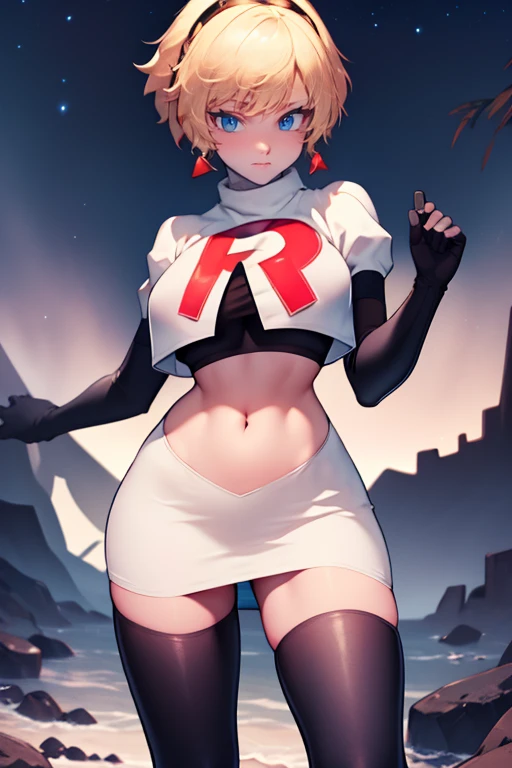 aegis, blonde hair, looking at viewer, team rocket, team rocket uniform, red letter R, white skirt,white crop top,black thigh-high boots, black elbow gloves, evil smile, night sky background, earrings, large breasts, high-heeled boots