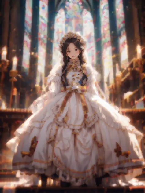 In front of the altar of a majestic church、（blurred background）、brighter light、golden long hair girl、Classic White Wedding Dress...